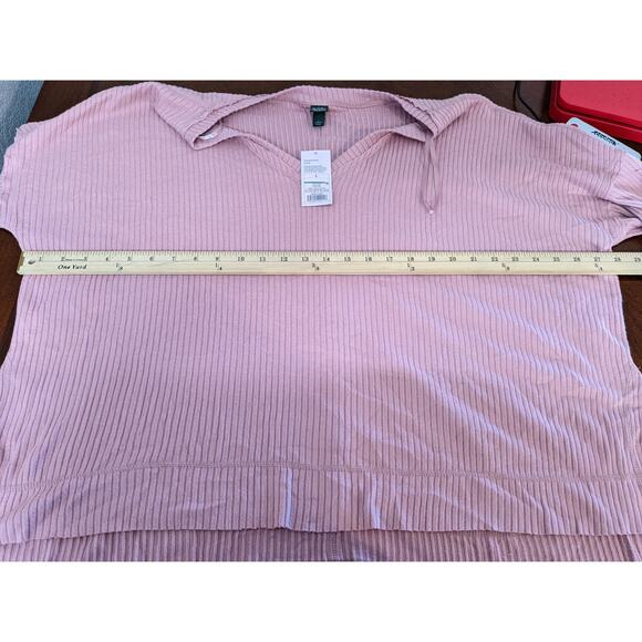 Wild Fable Oversize Sweater L Pink Ribbed Knit Hi Low Boxy Side Slit V Neck Top - Picture 6 of 13